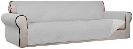PureFit Reversible Quilted Sofa Cover, Water Resistant Slipcover Furniture Protector, Washable Couch Cover with Non Slip and Elastic Straps for Kids, Dogs, Pets (XX Large, Light Gray/Ivory)