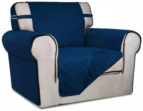 PureFit Reversible Quilted Sofa Cover, Water Resistant Slipcover Furniture Protector, Washable Couch Cover with Non Slip and Elastic Straps for Kids, Pets (Chair, Navy/Navy)