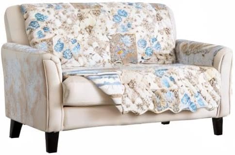 Great Bay Home Reversible Floral Patchwork Furniture Protector Scalloped Edge Stain Resistant Printed Furniture Protector Maribel Collection (Loveseat, Taupe/Blue)