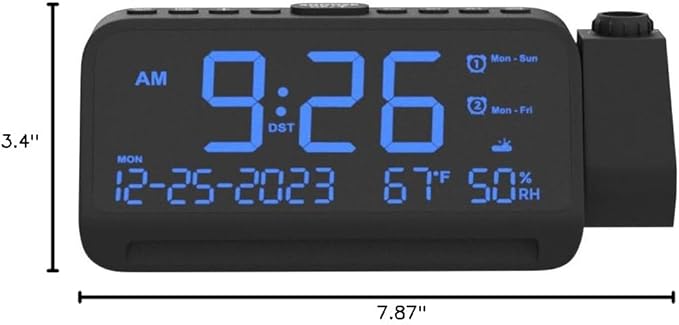 Projection Alarm Clock for Bedroom Ceiling, Digital Clock Projector with Weekday/Weekend Mode, Date, Temperature, Humidity, Type-C USB Charger, Snooze, Dual Alarms, Dimmer,12/24H