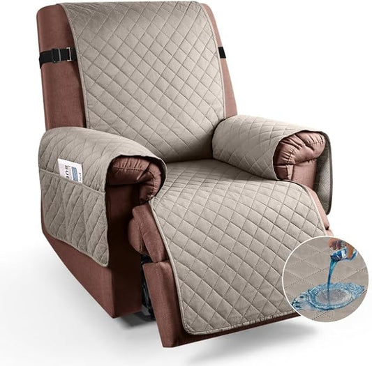KinCam 100% Waterproof Recliner Chair Cover, Reclining Couch Covers for Pets, Dogs, Recliner Couch Slipcover Furniture Protector with Elastic Straps for Kids(30", Khaki)