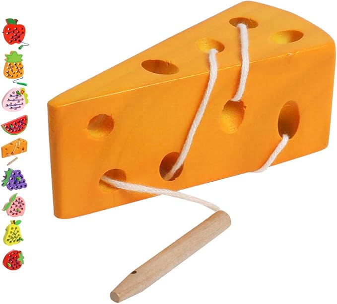 Skrtuan Wooden Lacing Cheese Threading Toy Montessori Airplane Travel Game Toys Wood Block Puzzle Fine Motor Skills Activity Learning Educational Gift for Toddlers Baby Kids 3 4 5 Years Old, 1 Cheese