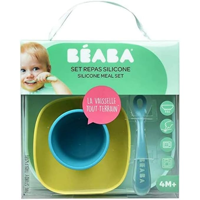 BEABA Silicone 4 Piece Baby Feeding Set, Suction Plates for Baby, Includes Plate, Bowl, Cup, 2nd Stage Silicone Spoon, High Grade Food Safe Silicone, Peacock