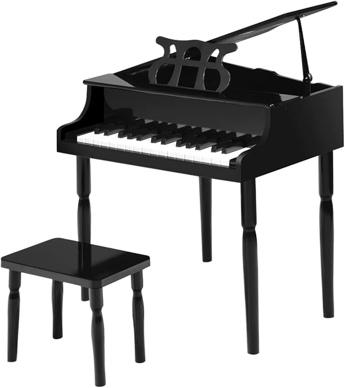 HONEY JOY Classical Kids Piano, 30-Key Mini Grand Piano with Music Stand and Bench, Wooden Musical Instrument Toy w/Lid & Music Rack, Gift for Boys Girls Ages 3+ (4 Straight Leg-Black)