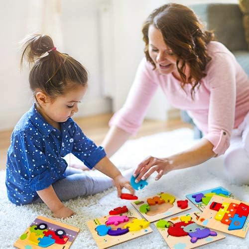 SKYFIELD Wooden Vehicle Toddler Puzzles for 1 2 3 Years Old Boys & Girls, Baby STEM Educational Toy Gift with 4 Vehicles Montessori Learning Puzzles, Bright Vibrant Color Shapes
