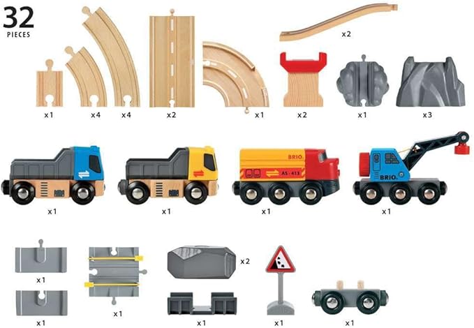 BRIO World 33210 - Rail & Road Loading Set - 32 Piece Wooden Train Set | Ideal for Kids Aged 3+ | with Special Crane Car & Flatbed Idea