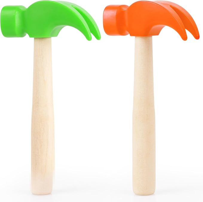 2 Pack Wooden Hammer Toys Simulation Hammers Maintenance Tools Educational Toys for Kids Birthday Party Games Supplies (Orange + Green)