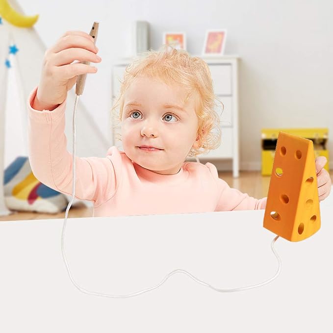 Skrtuan Wooden Lacing Cheese Threading Toy Montessori Airplane Travel Game Toys Wood Block Puzzle Fine Motor Skills Activity Learning Educational Gift for Toddlers Baby Kids 3 4 5 Years Old, 1 Cheese