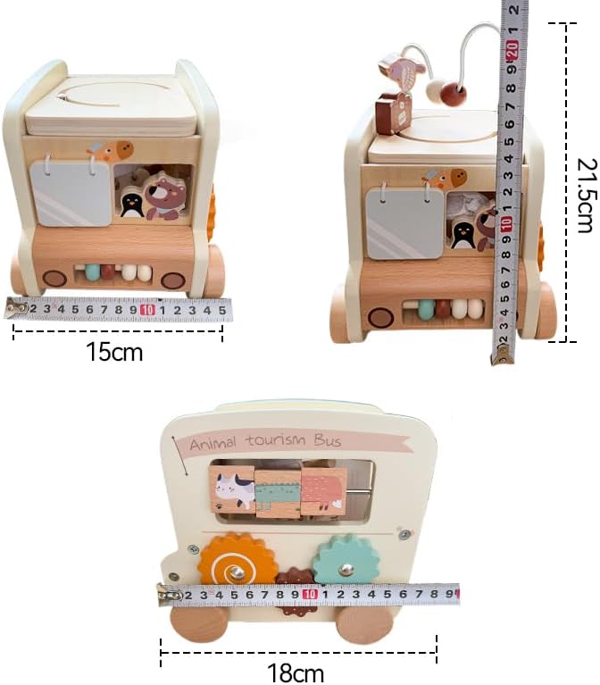 Wooden Activity Cube 8-in-1 Montessori Toys | Multifunctional Early Educational Learning Toys | Activity Cube for Baby Shape Sorter Xylophone Animal Travel Bus Toys Boy Girl Birthday Gift(Beige Bus)