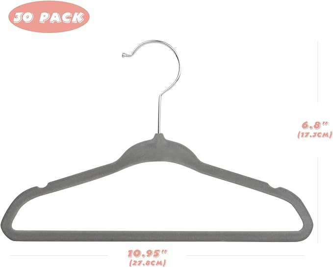 Kids Velvet Hangers 30 Pack, 11 Inch Size Non-Slip Baby Hangers, Space-Saving Nursery Hangers, Perfect Infant/Toddler Clothes Hangers for Daily Use(Grey)