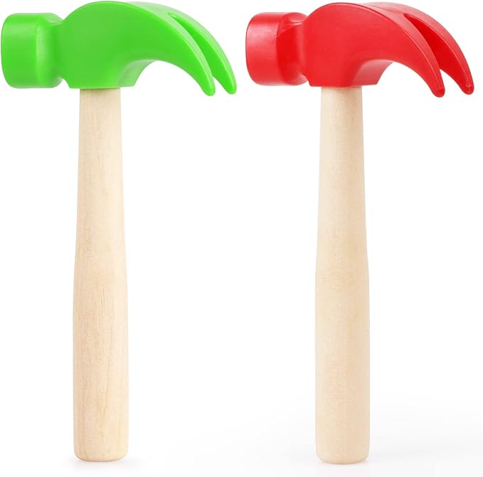 2 Pack Wooden Hammer Toys Simulation Hammers Maintenance Tools Educational Toys for Kids Birthday Party Games Supplies (Red + Green)