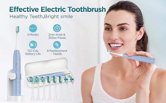Rtauys Sonic Electric Toothbrush for Adults with 8 Brush Heads, IPX7 Travel Electric Toothbrush with Travel Case, 2.5 Hours Charge for 120 Days, 5 Modes with 2 Minutes Built in Smart Timer Light Blue