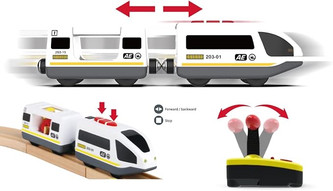 Wooden Train Set Accessories Battery Operated Locomotive Train, Remote Control Train Vehicles for Wood Tracks, Powerful Engine Train Cars Fits All Major Brands of Railway System (Battery Not Included)