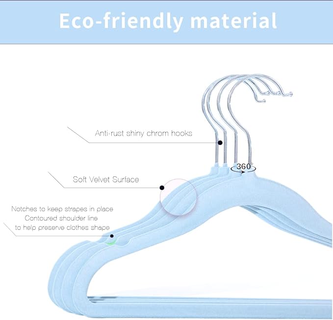 Kids Velvet Clothes Hangers, Non Slip Baby Hangers Blue(11.6" Inch - 40 Pack)