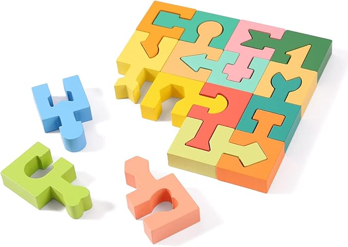 Wooden Shapes Puzzles Blocks Geometric Brain Teaser Montessori Toys Jigsaw 3D Logic IQ Game Shape Sorter Preschool STEM Educational Learning Gift for 3 4 5 6 Year Old Toddlers Kids Boys Girls