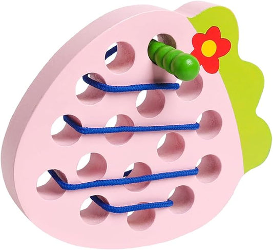 Skrtuan Wooden Lacing Threading Toys Wood Block Puzzle Car Airplane Travel Game Montessori Early Development Fine Motor Skills Educational Gift for 3 4 5 Years Old Toddlers Baby Kids, 1 Strawberry