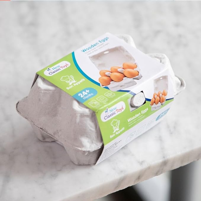 New Classic Toys Wooden Pretend Play Toy for Kids Six Wooden Eggs Cooking Simulation Educational Toys and Color Perception Toy for Preschool Age Toddlers Boys Girls