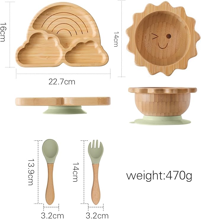 Bamboo Suction Plates Bowls Set for Baby Toddler Divided Platter Food bowl with Silicone Fork & Spoon All-Natural Baby Feeding Set for Baby-Led Weaning, Non-Slip Design