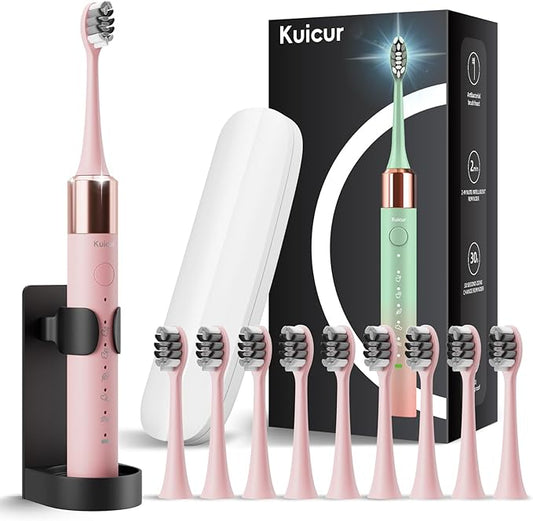 Sonic Electric Toothbrush for Adults & Kids, Rechargeable Electric Toothbrush with 10 Brush Heads & Travel Case, Teeth Whitening, Power Electric Toothbrush with Holder, Charge for 120 Days - Pink