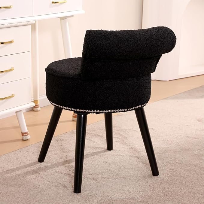 Sherpa Vanity Chair with Back Small Makeup Chair with Wood Legs Teddy Vanity Stool Tufted Accent Chairs with Low Back Makeup Chair for Vanity for Women Girl and Kids (Black)