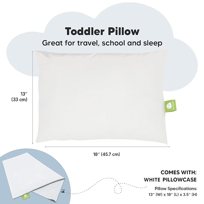 Toddler Pillow with Pillowcase - 13x18 My Little Dreamy Pillow, Organic Cotton Toddler Pillows for Sleeping, Kids Pillow, Travel Pillows, Mini Pillow, Nursery Pillow, Toddler Bed Pillow (Soft White)
