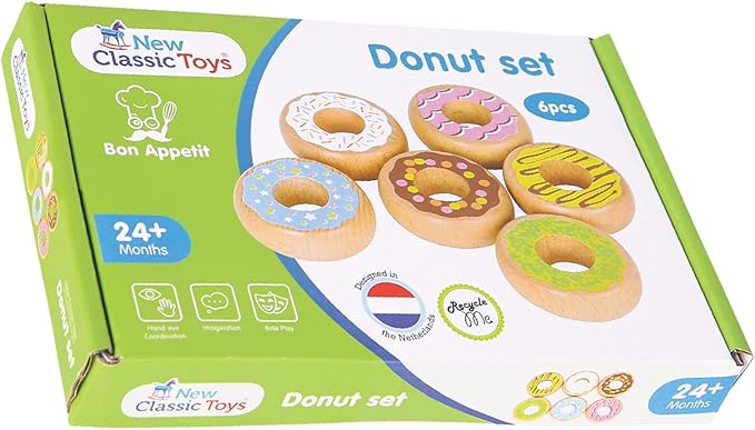 New Classic Toys 10629 Wooden Pretend Play Kids Donuts Set Cooking Simulation Educational Color Perception Toy for Preschool Age Toddlers Boys Girls