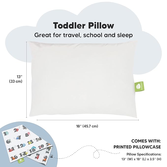 Toddler Pillow with Pillowcase - 13x18 My Little Dreamy Pillow, Organic Cotton Toddler Pillows for Sleeping, Kids Pillow, Travel Pillows, Mini Pillow, Nursery Pillow, Toddler Bed Pillow (Kea123)