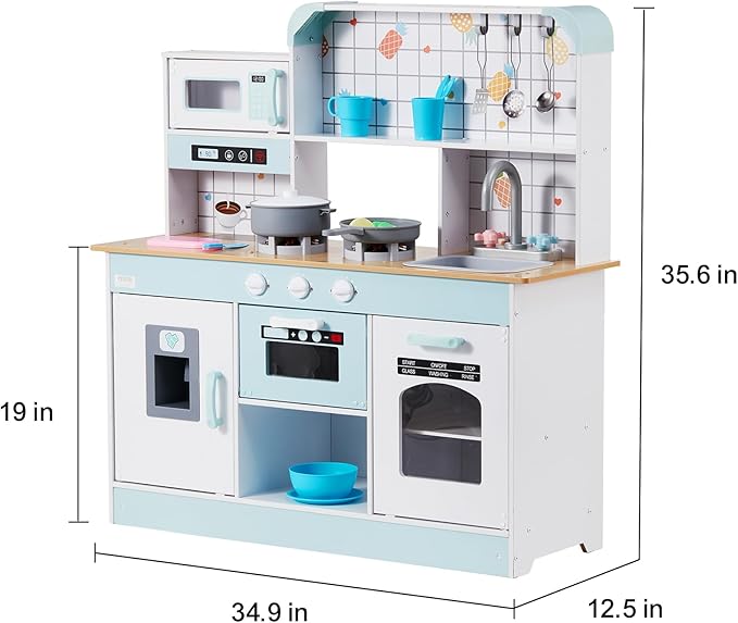 VEVOR Wooden Play Kitchen Toy, Play Kitchen for Kids with Lights and Sounds, Toddler Kitchen with Ice Maker, Oven, Sink, Microwaves, Fridge and Utensil and Fruit Accessory for Toddlers Ages 3-8, White