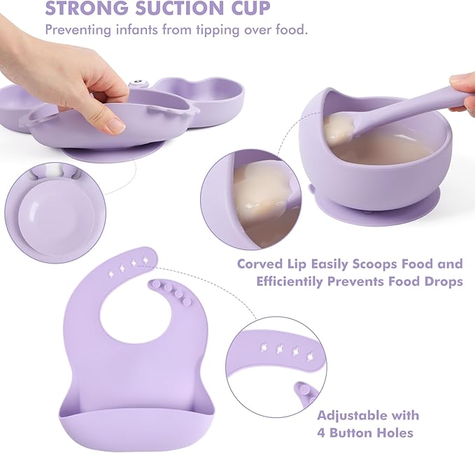 Silicone Baby Feeding Set 15 Pcs,Baby Spoons Suction Bowl Divided Plate Bib Cup Finger Brush Teething Teether,Baby Led Weaning Supplies,Baby & Toddler Silicone Plates and Bowls Dining Set(purple)