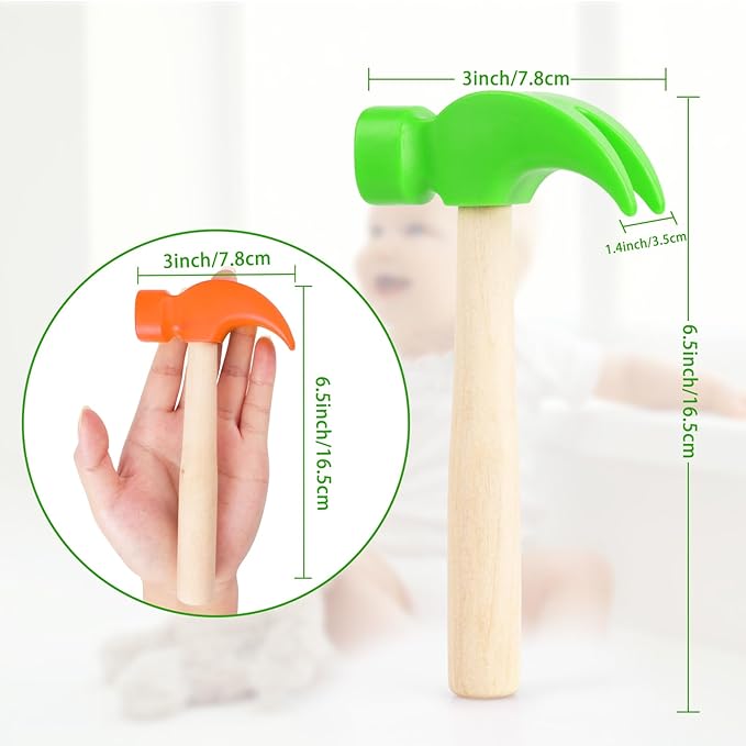 2 Pack Wooden Hammer Toys Simulation Hammers Maintenance Tools Educational Toys for Kids Birthday Party Games Supplies (Orange + Green)