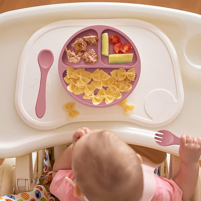RyanLemon Baby Feeding Set, Baby Flatware Sets, Silicone Baby Led Weaning Set, Suction Plate and Bowl, Pocket Bib, Spoon Fork, Toddler Flatware Set for Babies 6 Months+, Pink