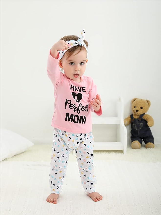 KuKitty 3Pcs Baby Girl Outfits Set Long Sleeve T-Shirt Tops Flowers Pants with Headband