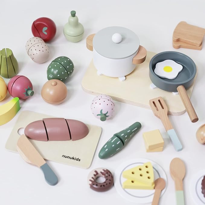 Wooden Play Food Sets for Kids Kitchen 42 pc Wooden Toys with Storage Basket Wood Pretend Food Play Kitchen Accessories Set