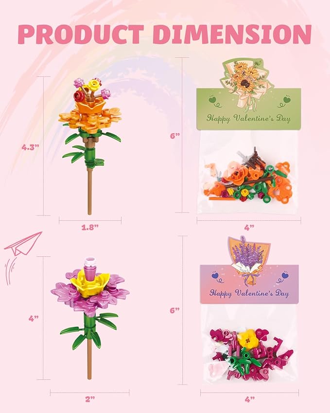 24 Pack Valentine's Flower Bouquets Building Blocks - Ideal for Kids Classroom Exchange, Party Favors, and School Gifts, includes Greeting Cards & Variety Designs for Boys and Girls