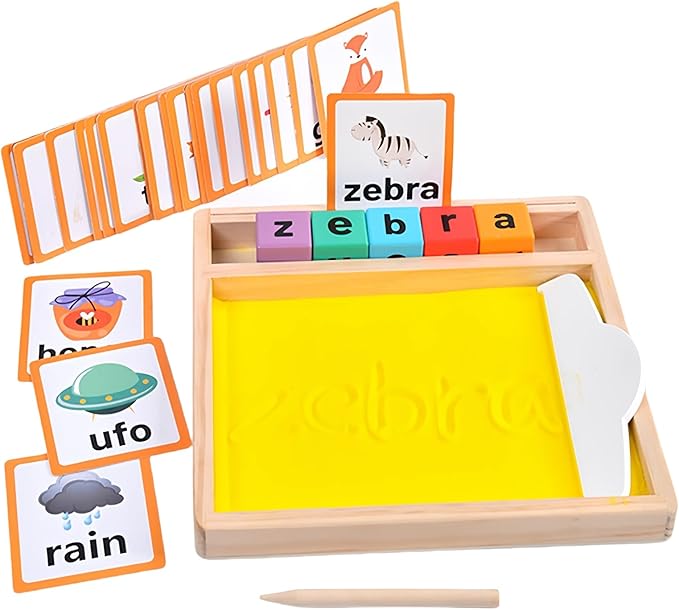 Wooden Sand Writing Tray β Educational Sand Tray for 3 Year Old Kids with Cards, Blocks & Pen β Trace Letters, Numbers & Draw β Perfect Preschool & Classroom Gift.