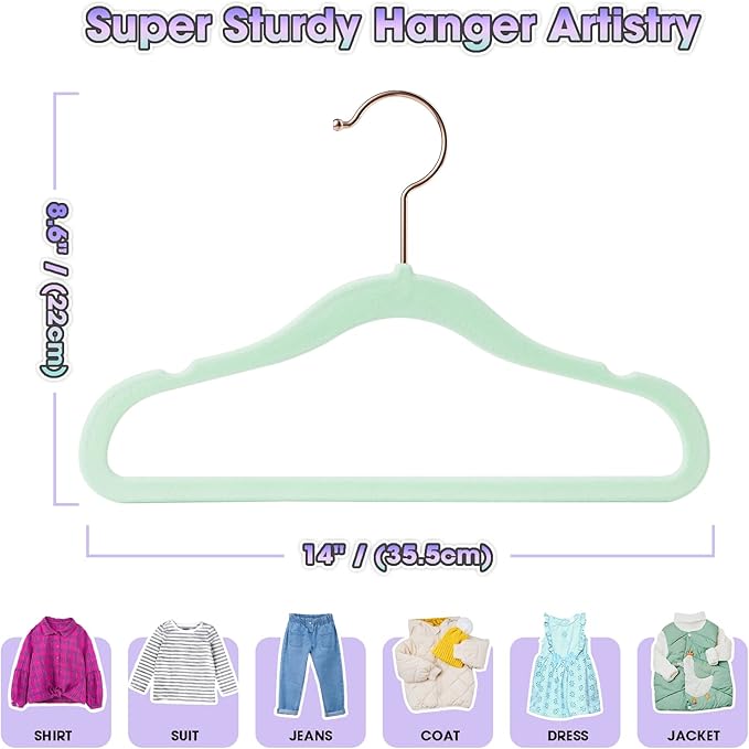 Kids Hangers - 14 Inch, 50 Pack, Green, Plastic, Ideal for Everyday Use, Baby Hangers, Durable Infant/Toddler Hangers