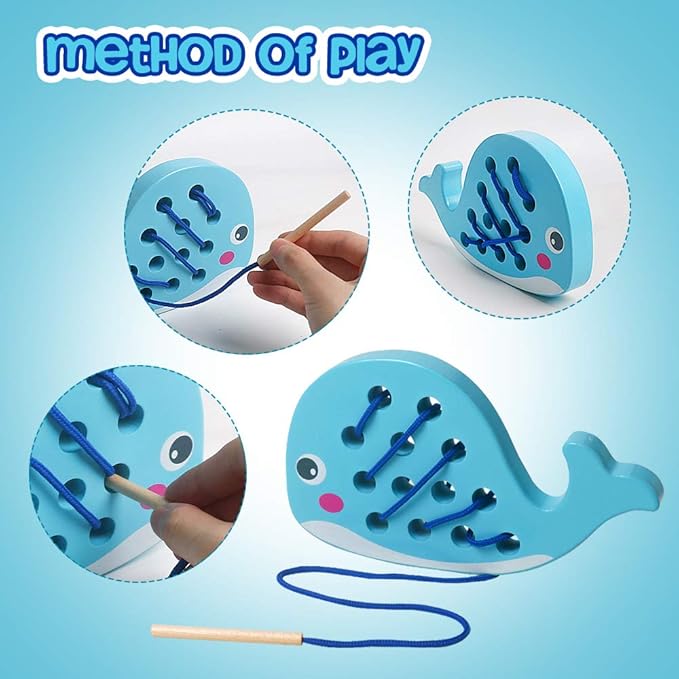 Skrtuan Wooden Lacing Whale Threading Toys Wood Block Puzzle Car Airplane Travel Game Montessori Early Development Fine Motor Skills Educational Gift for 1 2 3 Years Old Toddlers Baby Kids