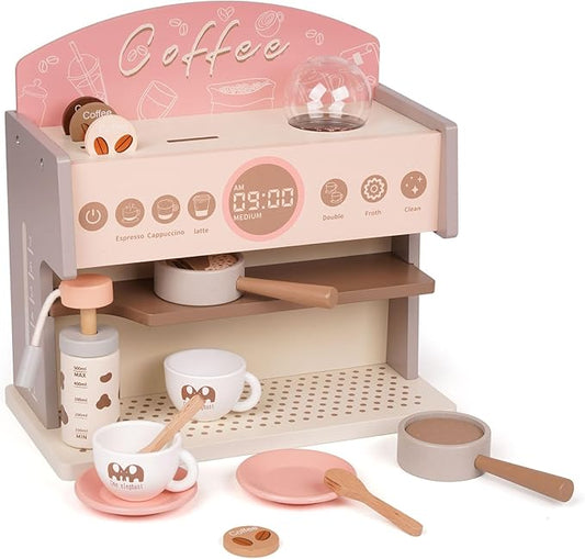 Kids Wooden Coffee Maker Playset Espresso Machine Playset with Grinder Toddler Pretend Play Montessori Kitchen Accessories Realistic Kitchen Toy,Gift for Toddler Boys & Girls