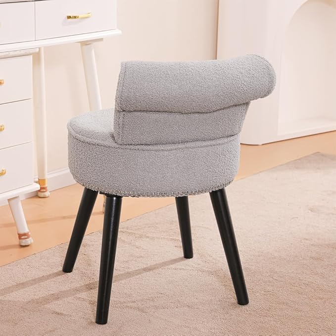 Sherpa Vanity Chair with Back Small Makeup Chair with Wood Legs Sherpa Vanity Stool Tufted Accent Chairs with Low Back Makeup Chair for Vanity for Women Girl and Kids (Grey)