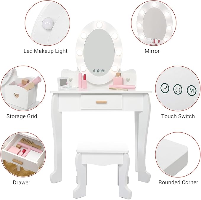 Kids' Vanity Set with Mirror and Light, Makeup Table and Stool for Girls, Vanity Table and Chair Set with Wood Makeup Playset for 4-9 Girls, White (Batteries Not Included)