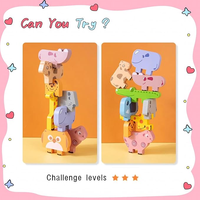 Toddler Toys Wooden Animal Blocks - Sorting & Stacking Montessori Toys for 3 4 Year Old Boys Girls, 10Pcs Wood Blocks with Storage Bag, Kids Educational Puzzle Balance Toys Birthday