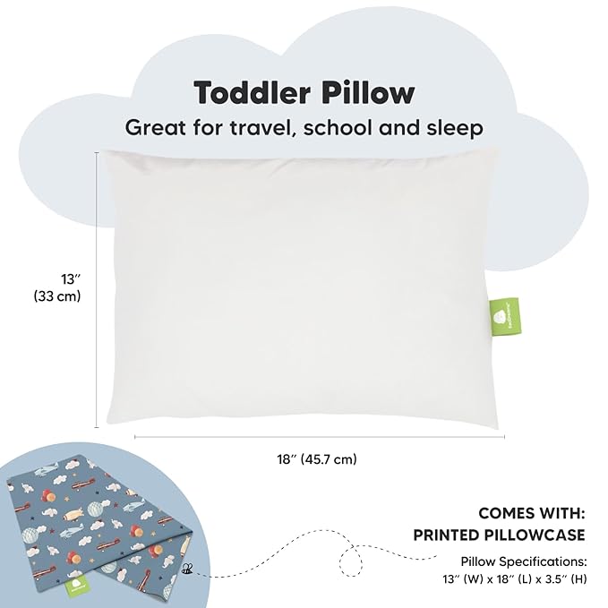 Toddler Pillow with Pillowcase - 13x18 My Little Dreamy Pillow, Organic Cotton Toddler Pillows for Sleeping, Kids Pillow, Travel Pillows, Mini Pillow, Nursery Pillow, Toddler Bed Pillow (Up & Away)