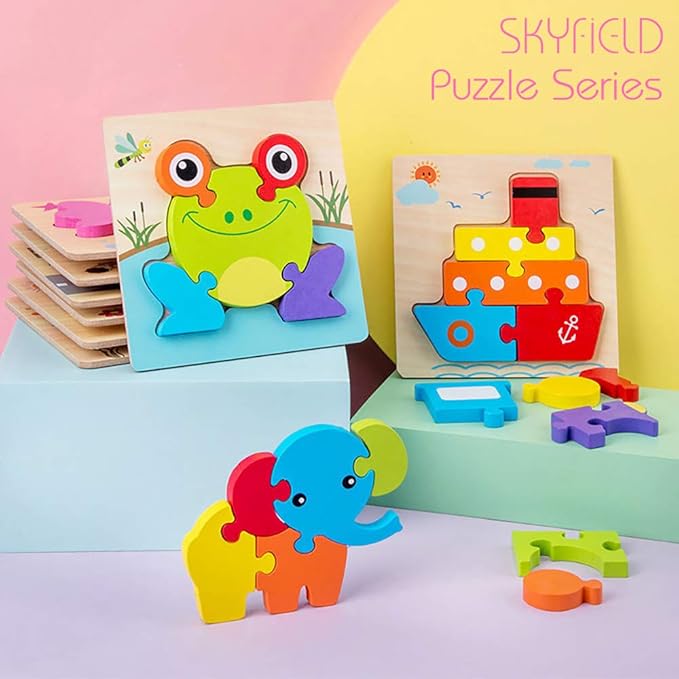 SKYFIELD Wooden Vehicle Toddler Puzzles for 1 2 3 Years Old Boys & Girls, Baby STEM Educational Toy Gift with 4 Vehicles Montessori Learning Puzzles, Bright Vibrant Color Shapes