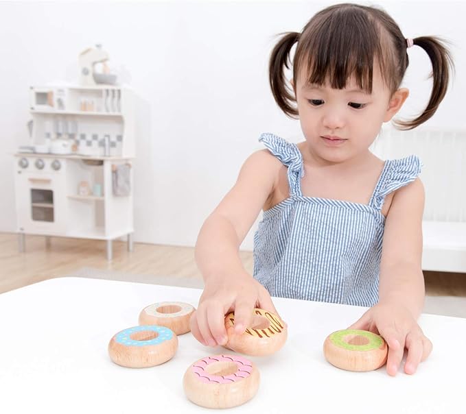 New Classic Toys 10629 Wooden Pretend Play Kids Donuts Set Cooking Simulation Educational Color Perception Toy for Preschool Age Toddlers Boys Girls