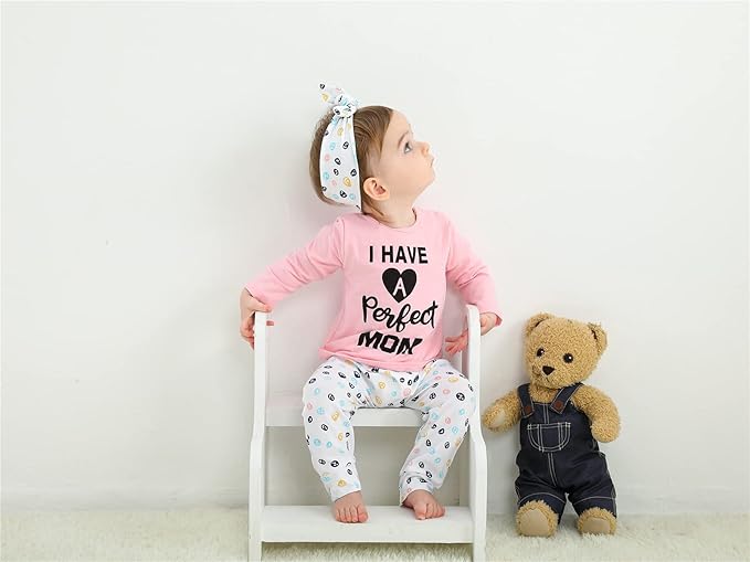 KuKitty 3Pcs Baby Girl Outfits Set Long Sleeve T-Shirt Tops Flowers Pants with Headband
