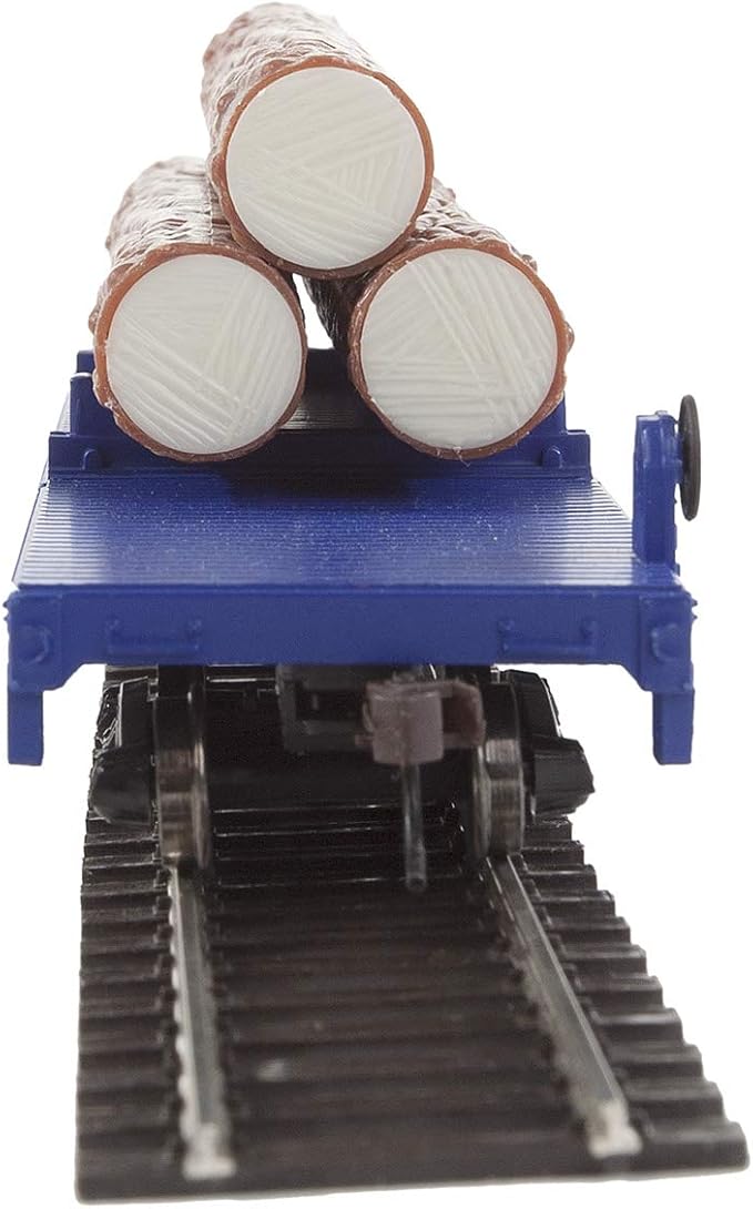 Walthers Trainline HO Scale Model Log Dump Car with 3 Logs - Ready to Run Alaska Railroad #17102 (Blue, Yellow Conspicuity Marks)