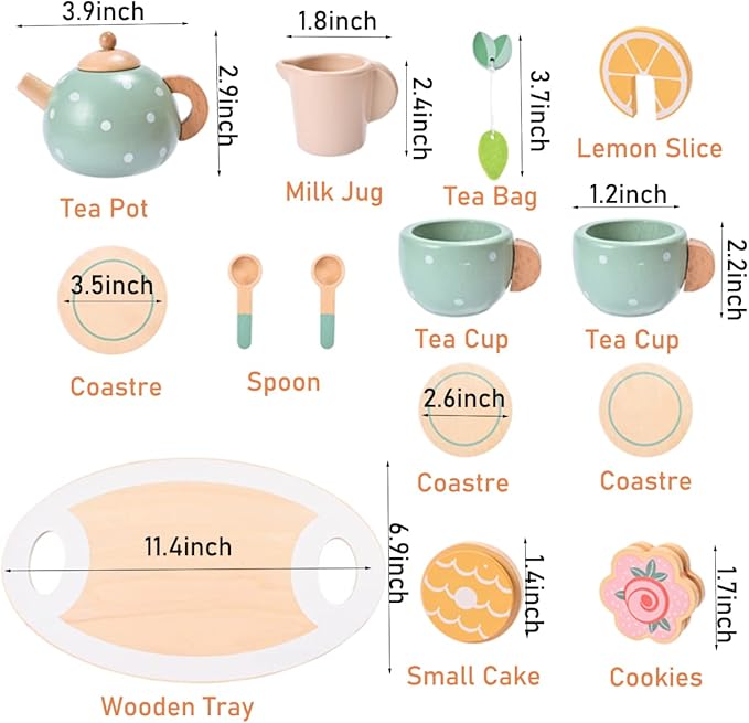 15pcs Wooden Tea Set for Little Girls, MONT PLEASANT Wooden Toys, Toddler Tea Set Play Kitchen Accessories Play Food playset for Kids Tea Party