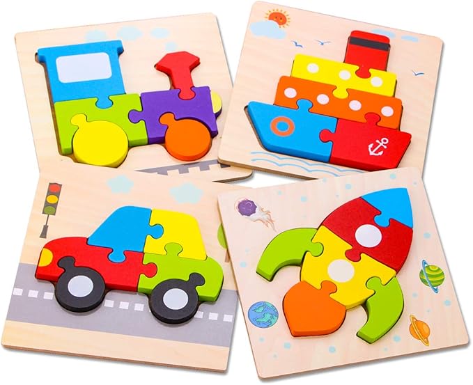 SKYFIELD Wooden Vehicle Toddler Puzzles for 1 2 3 Years Old Boys & Girls, Baby STEM Educational Toy Gift with 4 Vehicles Montessori Learning Puzzles, Bright Vibrant Color Shapes