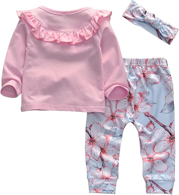 KuKitty 3Pcs Baby Girl Outfits Set Long Sleeve T-Shirt Tops Flowers Pants with Headband