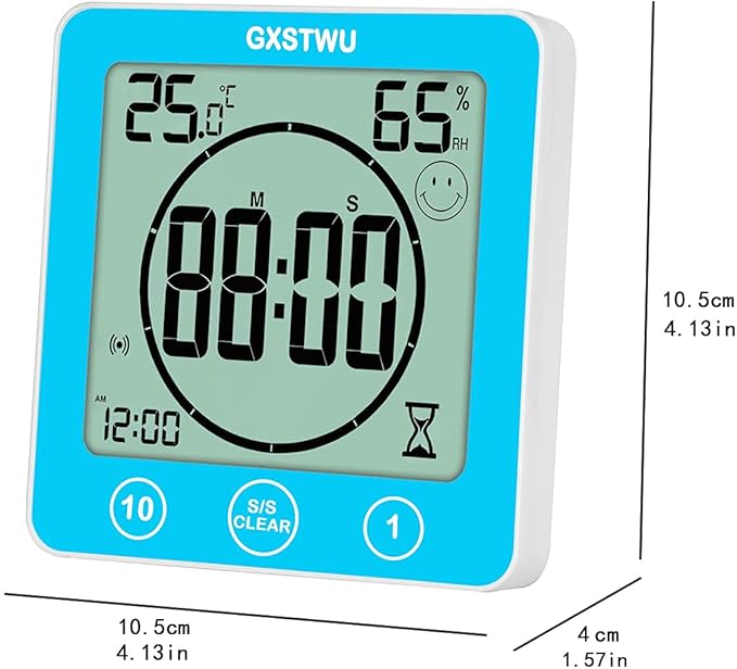 Digital Shower Clock, Bathroom Timer Clock, Waterproof for Water Spray, Count Up Count Down Alarm, Touch Screen Timer, Temperature Humidity, Wall Clock Magnet, Suction Cup, Hanging, Stand Blue